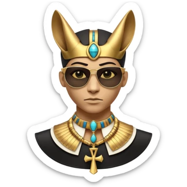 3D cartoon horned character portrait, wearing sunglasses, gothic ancient Egyptian style, pharaoh collar, dark gold and black outfit, ankh symbols, Egyptian jewelry, mysterious expression, soft dramatic lighting, centered, clean background, no text, no watermark sticker