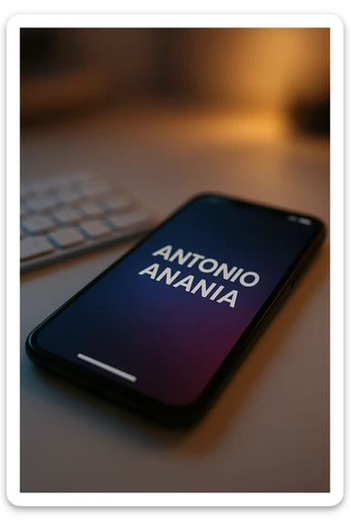 A photo of an iPhone with the message "Antonio Anania" on its scree, both surrounded by soft light and shadow. The phone sits atop a desk with a blurred background that suggests work environment. A faint glow from above casts gentle shadows across the surface of each object, creating depth and highlighting their textures. sticker
