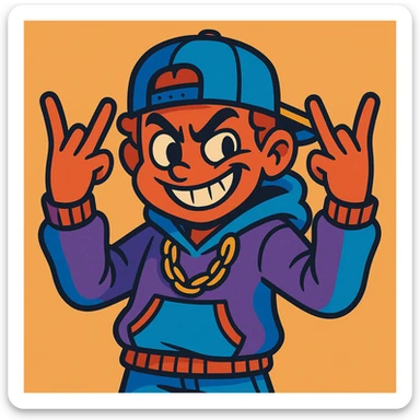 playful, devious character flashing the YVL hand sign with both hands, streetwear outfit, bold outlines, expressive face sticker