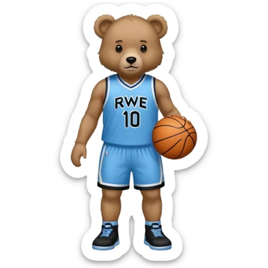 Bear with full body and wearing basketball black and light blue jersey that says RWE  sticker