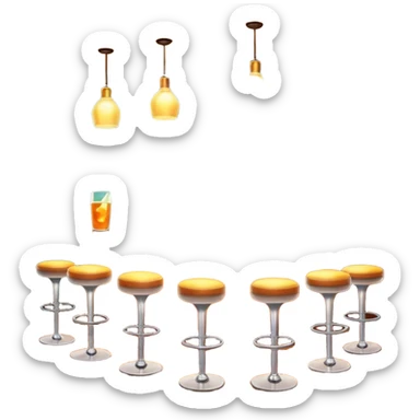 A 3D cartoon bar interior with bottles on glass shelves, counter lighting, high stools, and glowing drink glasses, warm ambient light, realistic Memoji-style. sticker