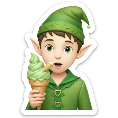 
A young elf boy in leafy clothes licking a triple-scoop ice cream with wide eyes.


A tall elegant elf with long braids enjoying a mint swirl cone under soft light.




 sticker