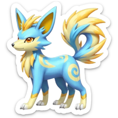 Feral Lightning-patterned Zig-zagged buzzy fuzzy Meloetta-Renamon-Zeraora-Luxray-Cobalion-Suicune-Vernid-fusion-hybrid-creature, full body  sticker