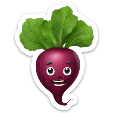 miling beetroot with big expressive eyes, rosy cheeks, and a green leaf on top. Simple and bright design with a cheerful and cartoonish style. sticker