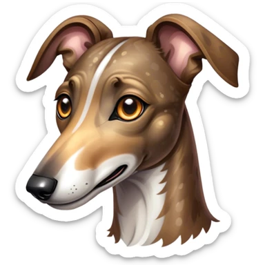 Cinematic Cute Brindle Greyhound Portrait Emoji, Head tilted playfully and inquisitively, featuring a sleek brindle Fur with subtle variations and round, sparkling eyes filled with curiosity, Simplified yet irresistibly adorable features, highly detailed, glowing with a warm, friendly glow, high shine, affectionate and nimble, stylized with a touch of whimsy, bright and endearing, soft glowing outline, capturing the essence of a mischievous yet loving companion, so playful it feels like it could sprint out of the screen and into your arms! sticker