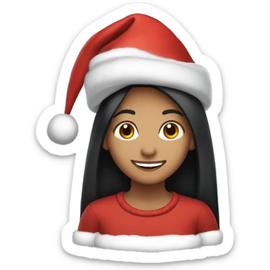 smiling girl with long straight black hair wearing a Christmas hat  sticker