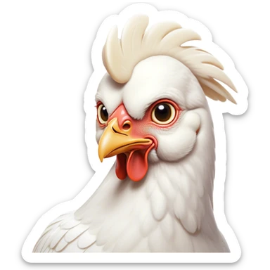 Cinematic Noble White Chicken Portrait Emoji, Poised and regal, with a compact, sturdy build and a pristine, well-groomed pure white plumage, deep-set soulful beady eyes, Simplified yet sharp and sophisticated features, highly detailed, glowing with a soft, dignified glow, high shine, intelligent and alert, stylized with an air of barnyard elegance, focused and attentive, soft glowing outline, capturing the essence of a watchful and confident fowl, so majestic it feels as though it could strut out of the screen with effortless authority! sticker