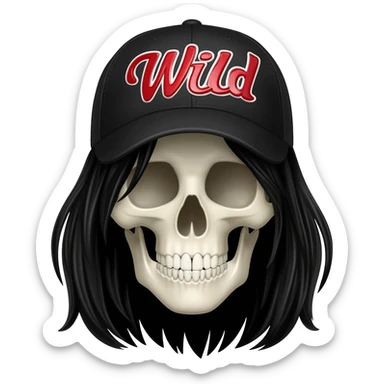 Create a skeleton head wearing a black baseball cap that says "Wild" in red, and white lettering, with long black hair sticker
