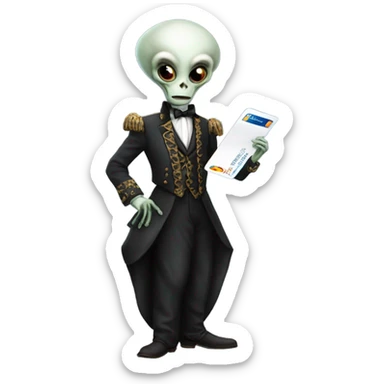 alien galora in Victorian dress elegant, full body, holding big credit card sticker