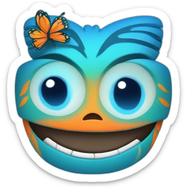 Cartoon Blue and orange smiling tiki with butterfly  sticker