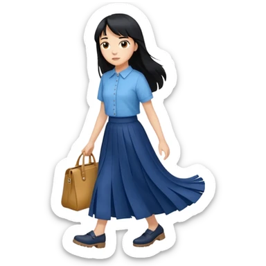 hair : black long hair with fringe 
skin : light 
cloth : oversize light blue shirt + navy long long skirt 
motion : walking without bag  sticker