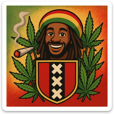 Create a digital illustration of a Rasta man with a friendly expression, wearing a red, gold, and green tam (Rastafarian hat), with dark brown skin and dreadlocks. Place him inside a bold, stylized Amsterdam coat of arms flag. The flag should have red, black, and gold tones with three white Xs in a vertical black stripe in the center. Surround the coat of arms with vibrant green cannabis leaves, a smoking spliff with rising smoke on the left side, and a textured reggae-colored background blending green, gold, and red. The style should be vintage, bold, and clean — like a high-quality reggae poster with modern emoji art flair. sticker