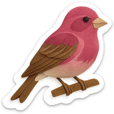 purple finch on a branch, layered paper details, vibrant raspberry and brown markings, naturalistic pose sticker