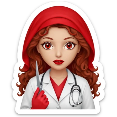 Lilith scalpel in hand, evil surgeon sexy surgeon clothes.  She has red eyes. She brown long curly hair. Wears sexy doctor outfit with red gloves. Wears red burka to hide her mouth and nose sticker