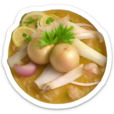 encebollado dish from ecuador with onions, albacore and yucca sticker