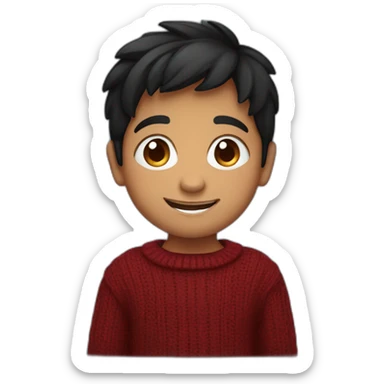 smiling and pointing north indian kid with chubby cheeks black hair wearing a dark red sweater sticker