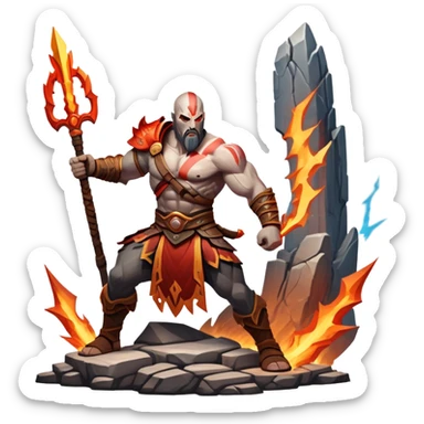 An icon showing a powerful warrior wielding a weapon, ready for battle, inspired by God of War: Ragnarok. The design features a fiery, war-torn landscape with broken statues and lightning in the sky, symbolizing epic combat. Transparent background highlights the action. sticker
