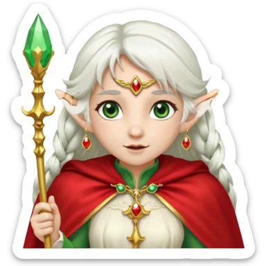 an elf with very white hair and two long PONYTAILS on the side of her head, she has a curtain bang, green eyes, she has a white cape with golden borders and a scepter with a red orb, she has earrings that look like red drops sticker