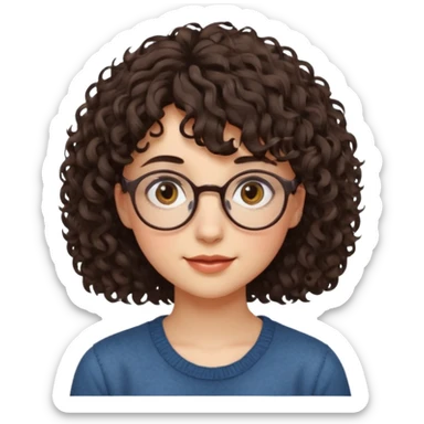 Koyu renk, dağınık kıvırcık saçlı, kısa kahküllü, yuvarlak gözlüklü ve büyük kahverengi gözlü bir genç kadının yüzünü gösteren emoji tarzı illüstrasyon. Hafif bir gülümseme veya tatlı bir sırıtış ifadesi var. Cilt tonu açık. sticker