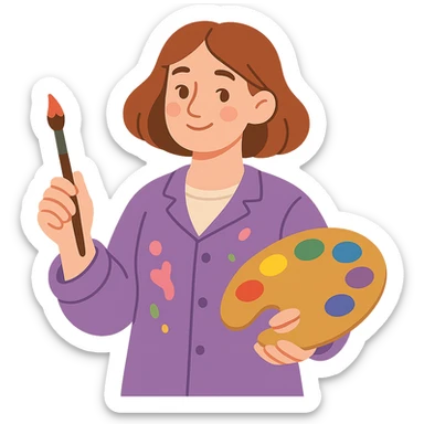 Serene female oil painter, Caucasian features, shoulder-length auburn hair, soft brown eyes, gentle smile, wearing a violet painter’s smock lightly stained with paint over a beige blouse, holding a wooden palette with vibrant colors in one hand and a brush in the other, waist-up, front-facing sticker