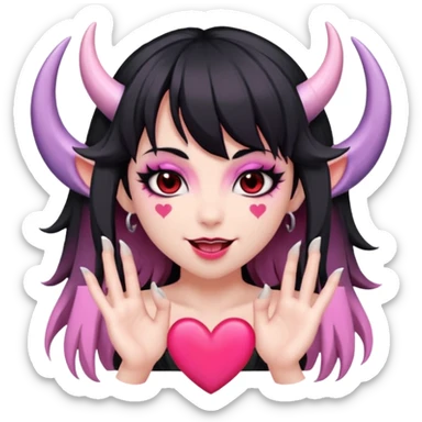 succubus,-pink-irises,-heart-pupils,-black-shaggy-hair,-straight-across-fringe,-grey-skin,-white-horns-curving-towards-forehead,-succubus-horns,-flirty-smile,-full-lips,-black-lips,-cute-fangs sticker