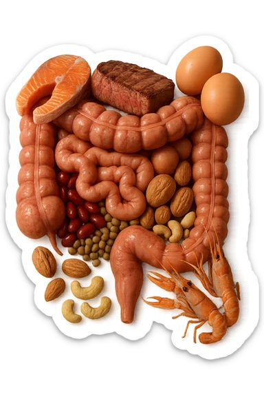 carne, uova, semi oleosi, legumi, crostacei insieme ad INTESTINO umanO realisticO, iperrealistici 4k sticker