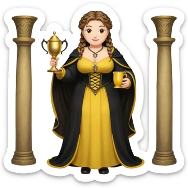 Helga Hufflepuff,brown-haired,2 braids,yellow-black medieval open dress,deep neckline,fat macromastia,black cloak decorated with gold braiding,gold cup with two handles,very kind smile,curvy busty sweet woman,round rosy cheeks,full length with medieval shoes sticker