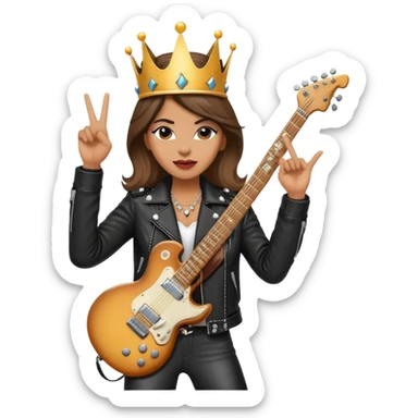 A rock and roll queen with a crown, electric guitar, and leather jacket making a rock gesture sticker