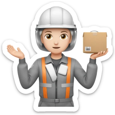 Tengo que dar una capacitacion de orgonomia, necesito un emoji de un operario con casco blanco y buzo gris de manga larga que levante una caja cerrada con las dos manos a la altura de los hombros y que tenga cara de esfuerzo fisico. Que no este saludando, las dos manos sosteniendo la caja sticker