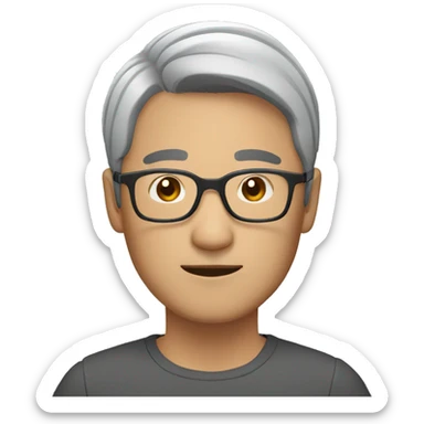 asian man, grey short hair, glasses, 40 sticker