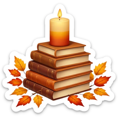 Red-orange-yellow-brown-gradients autumn aesthetic, stack of books, candle, leaves sticker