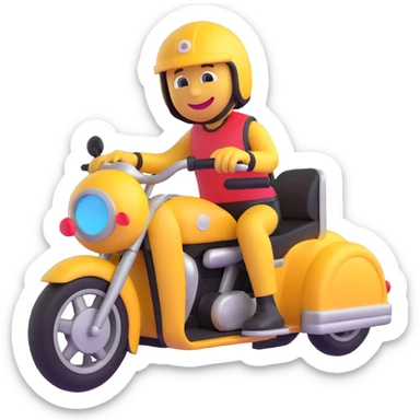 3D smiley emoji, round shape, motorcyclist with sidecar: sidecar, helmet, funny face sticker