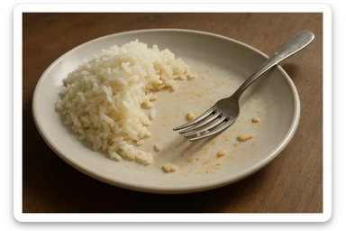 a plate of rice, partially eaten, viewed from a 45 degree angle sticker