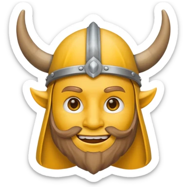 Viking emoji in Messenger style, yellow face, simple eyes, smiling, horned helmet sticker