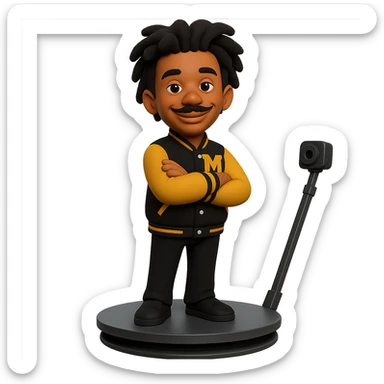 Add a thin pencil mustache to the person in the letterman jacket, arms crossed and smiling, standing on a 360 photobooth platform. The style is 3D cartoon style with a transparent background. Keep the original 3D cartoon look and maintain the transparent background. sticker