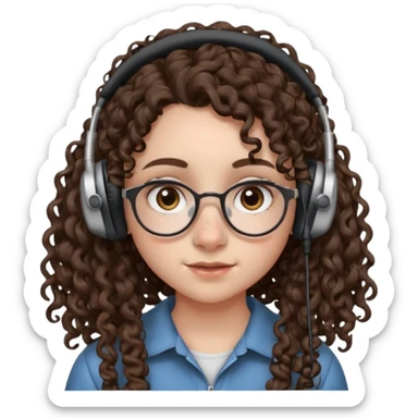 brunette kid with unique face features and very curly long hair kid girl neutral and very big nose and ears and dark eyes with freckles kind of nerd looking and headphone wearing no glassess just nose piercing very big one and evebrow piercing sticker