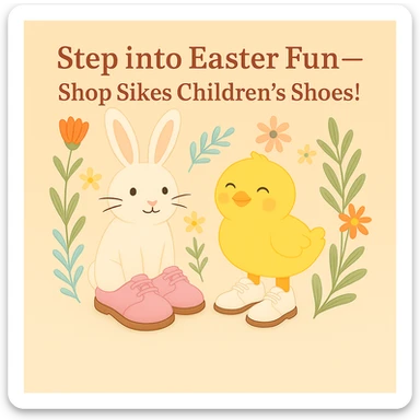 Edit the Easter-themed Instagram post so the rabbit is wearing pink shoes. The chick should keep the classic white lace-up children's shoes. Keep the pastel background, floral accents, and the headline: 'Step into Easter Fun—Shop Sikes Children’s Shoes!'. No logo present. sticker