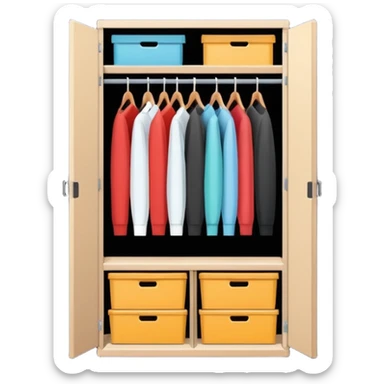 Minimalistic flat vector icon, iOS style, thin black contour on white background. Open wardrobe with neatly arranged boxes inside. Clean, no text, no shadows sticker