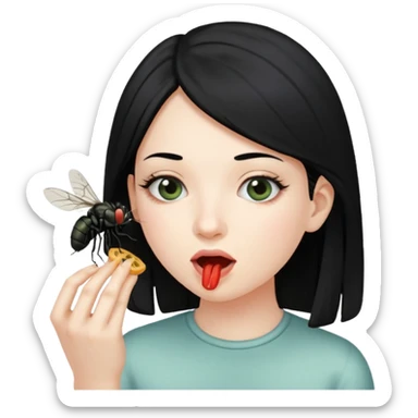 girl  with black hair eating a fly sticker