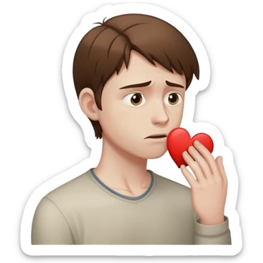 a man with brown hair staying in a
full height in profile with anxiety and begging face with a broken heart sticker