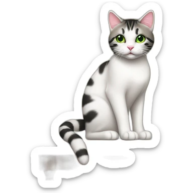 White and black tabby cat with green eyes and pink nose, sitting on light brownpiano sticker