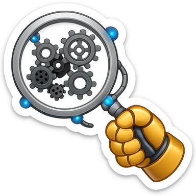 Add a robotic arm holding the magnifying glass, keep metallic textures and glowing blue accents, in emoji style with no background. The style should resemble apple style emojis with a clean and polished look, focusing on metallic and glowing blue details. sticker