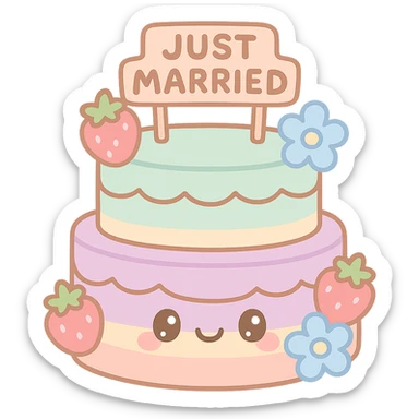 pastel rainbow wedding cake with strawberries, pastel blue flowers, 'Just Married' topper, kawaii style sticker
