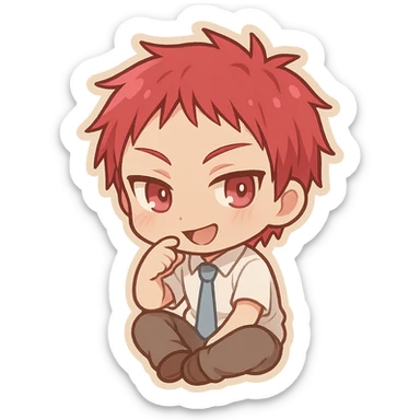 Akashi Seijuurou as a chibi icon, sitting pose, playful expression, red hair sticker