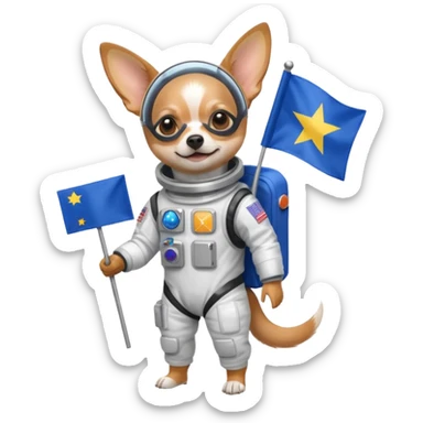 a chihuahua in space suit, holding blue rectangle flag, full body, front view sticker