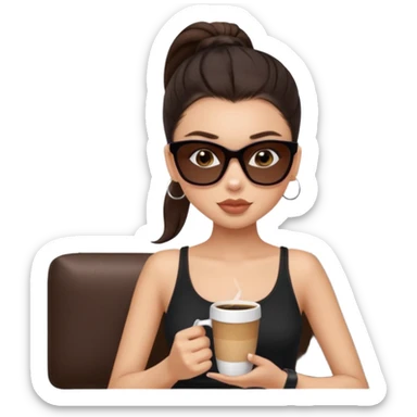 generate a pretty fair bratz girl with dark brown eyes, dark brown eyes tied into a slick back ponytail, thin brown sunglasses. Wearing a black cami top and drinking coffee, high cheekbones sticker