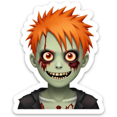 boy zombie with orange skin, orange spikey emo hair, black and red eyes, bloody smile sticker