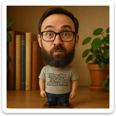 Transform the person in the photo into a bobblehead with a large head, small body, and a playful expression, rendered in the bobblehead style. sticker