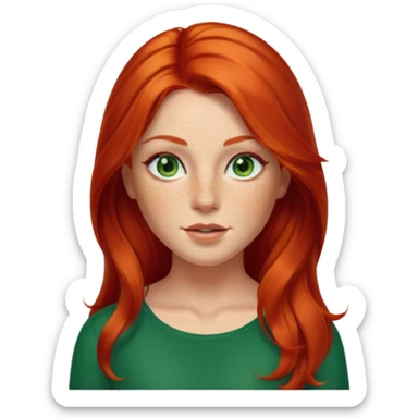 gorgeous female memoji, fiery red long hair, green eyes, freckles, radiant skin, charming and unique beauty sticker