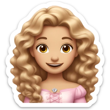 A girl’s face with cute pinkish makeup and brown long curly hair; look like Rapunzel in Disney; white skin; peach pink lips; pink blush; smiley cute face￼  sticker